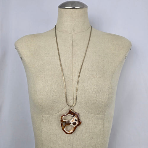 Vintage Natural Brown Agate Slice Pendant Necklace Gold Tone Snake Chain