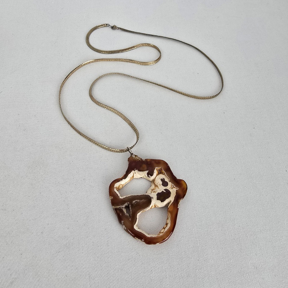 Vintage Natural Brown Agate Slice Pendant Necklace Gold Tone Snake Chain