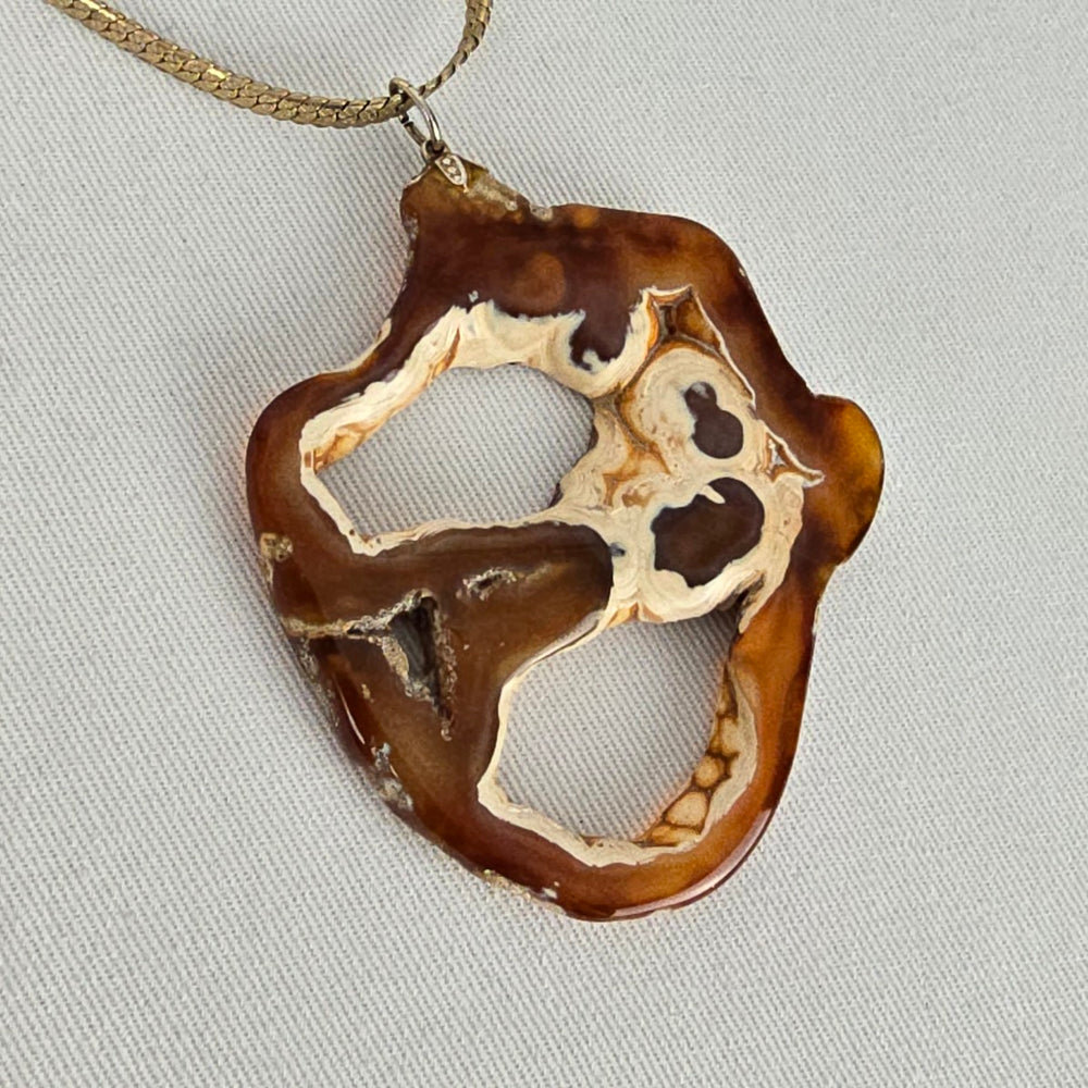 Vintage Natural Brown Agate Slice Pendant Necklace Gold Tone Snake Chain