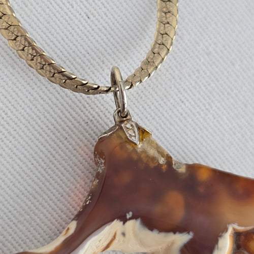 Vintage Natural Brown Agate Slice Pendant Necklace Gold Tone Snake Chain