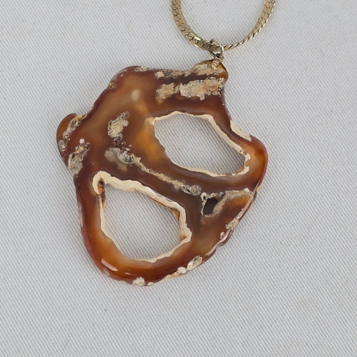 Vintage Natural Brown Agate Slice Pendant Necklace Gold Tone Snake Chain