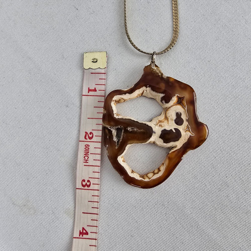Vintage Natural Brown Agate Slice Pendant Necklace Gold Tone Snake Chain