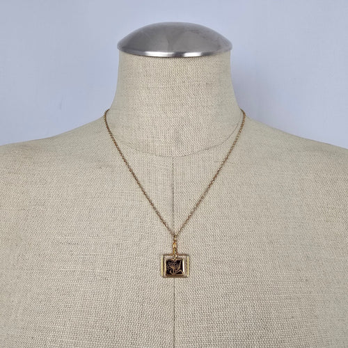 Vintage Gold Tone Black Floral Square Pendant Necklace