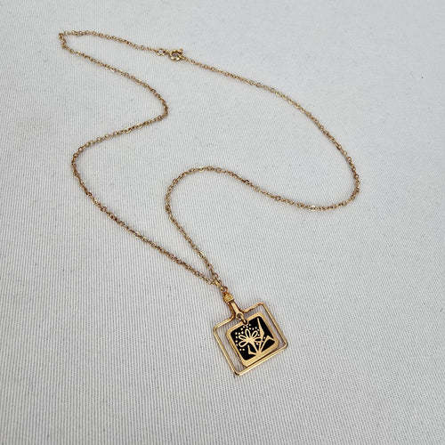 Vintage Gold Tone Black Floral Square Pendant Necklace