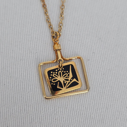 Vintage Gold Tone Black Floral Square Pendant Necklace