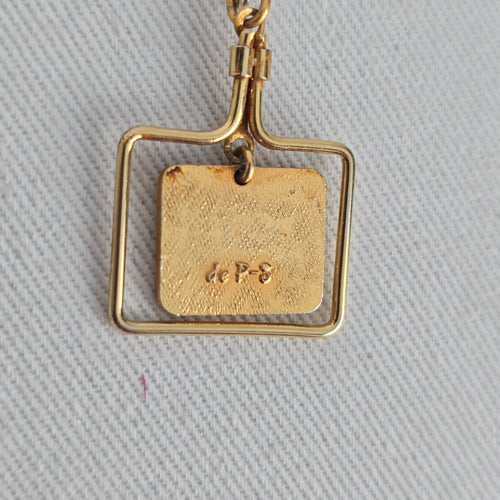 Vintage Gold Tone Black Floral Square Pendant Necklace