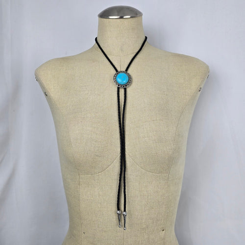 Western Faux Turquoise Bolo Tie Black Braided Cord Silver Tone Slide
