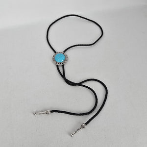 Western Faux Turquoise Bolo Tie Black Braided Cord Silver Tone Slide