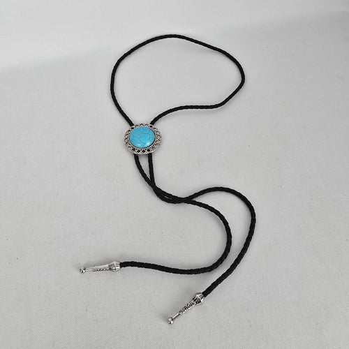 Western Faux Turquoise Bolo Tie Black Braided Cord Silver Tone Slide