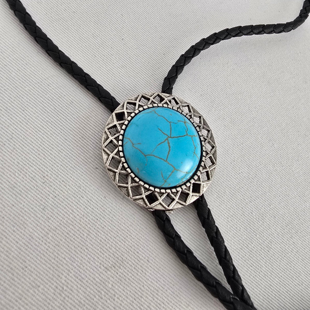 Western Faux Turquoise Bolo Tie Black Braided Cord Silver Tone Slide