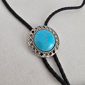 Western Faux Turquoise Bolo Tie Black Braided Cord Silver Tone Slide