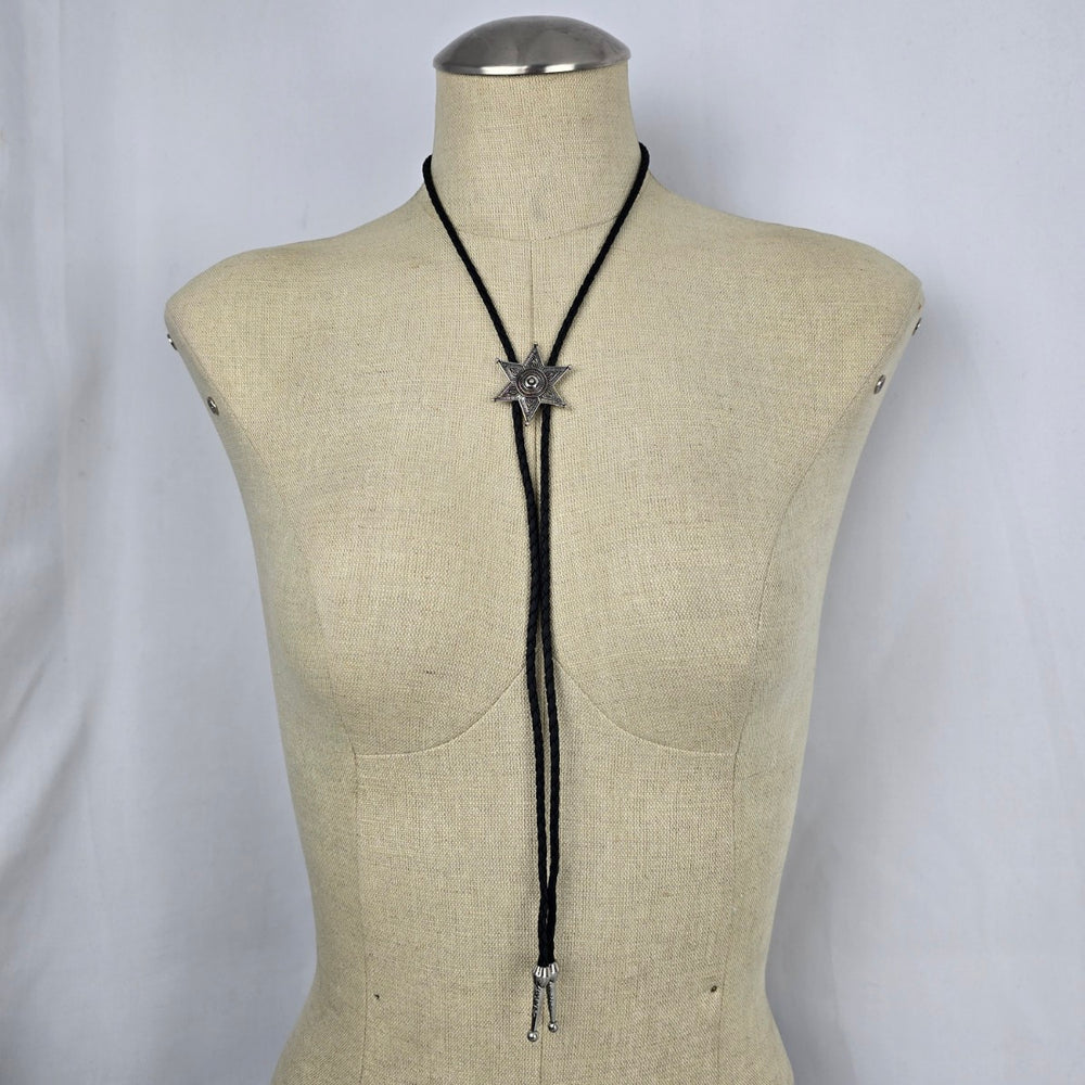 Western Silver Tone Six Point Star Bolo Tie Black Braided Cord