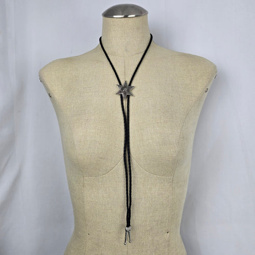 Western Silver Tone Six Point Star Bolo Tie Black Braided Cord