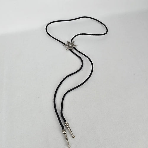 Western Silver Tone Six Point Star Bolo Tie Black Braided Cord
