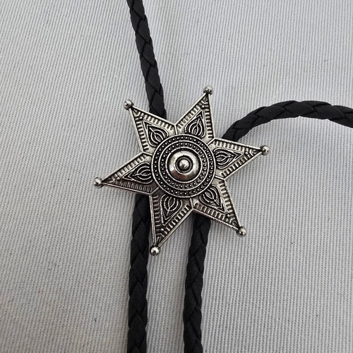 Western Silver Tone Six Point Star Bolo Tie Black Braided Cord