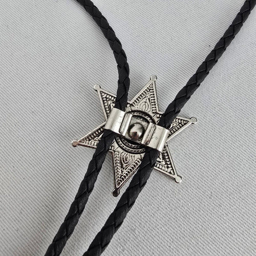 Western Silver Tone Six Point Star Bolo Tie Black Braided Cord