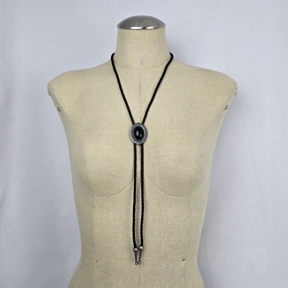 Silver Tone Black Cabochon Bolo Tie Western Braided Cord