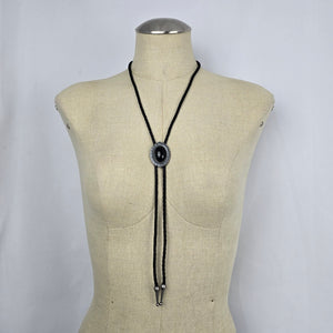 Silver Tone Black Cabochon Bolo Tie Western Braided Cord