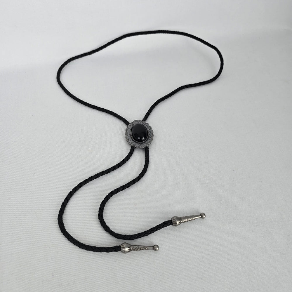 Silver Tone Black Cabochon Bolo Tie Western Braided Cord
