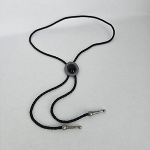 Silver Tone Black Cabochon Bolo Tie Western Braided Cord