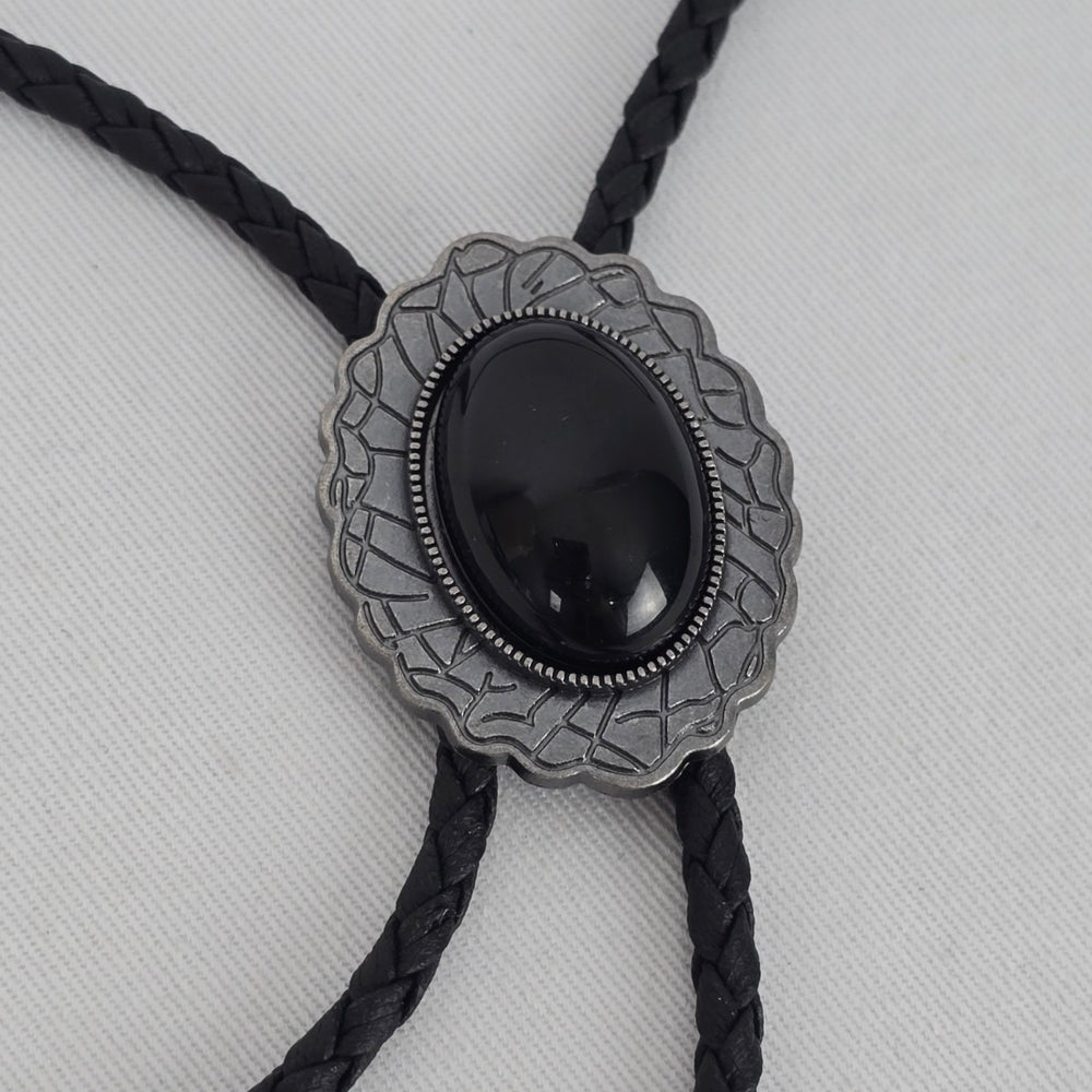 Silver Tone Black Cabochon Bolo Tie Western Braided Cord