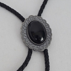 Silver Tone Black Cabochon Bolo Tie Western Braided Cord
