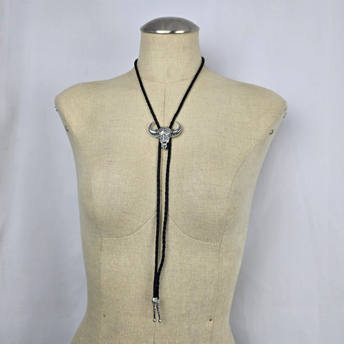Western Silver Tone Bull Skull Bolo Tie Black Braided Cord