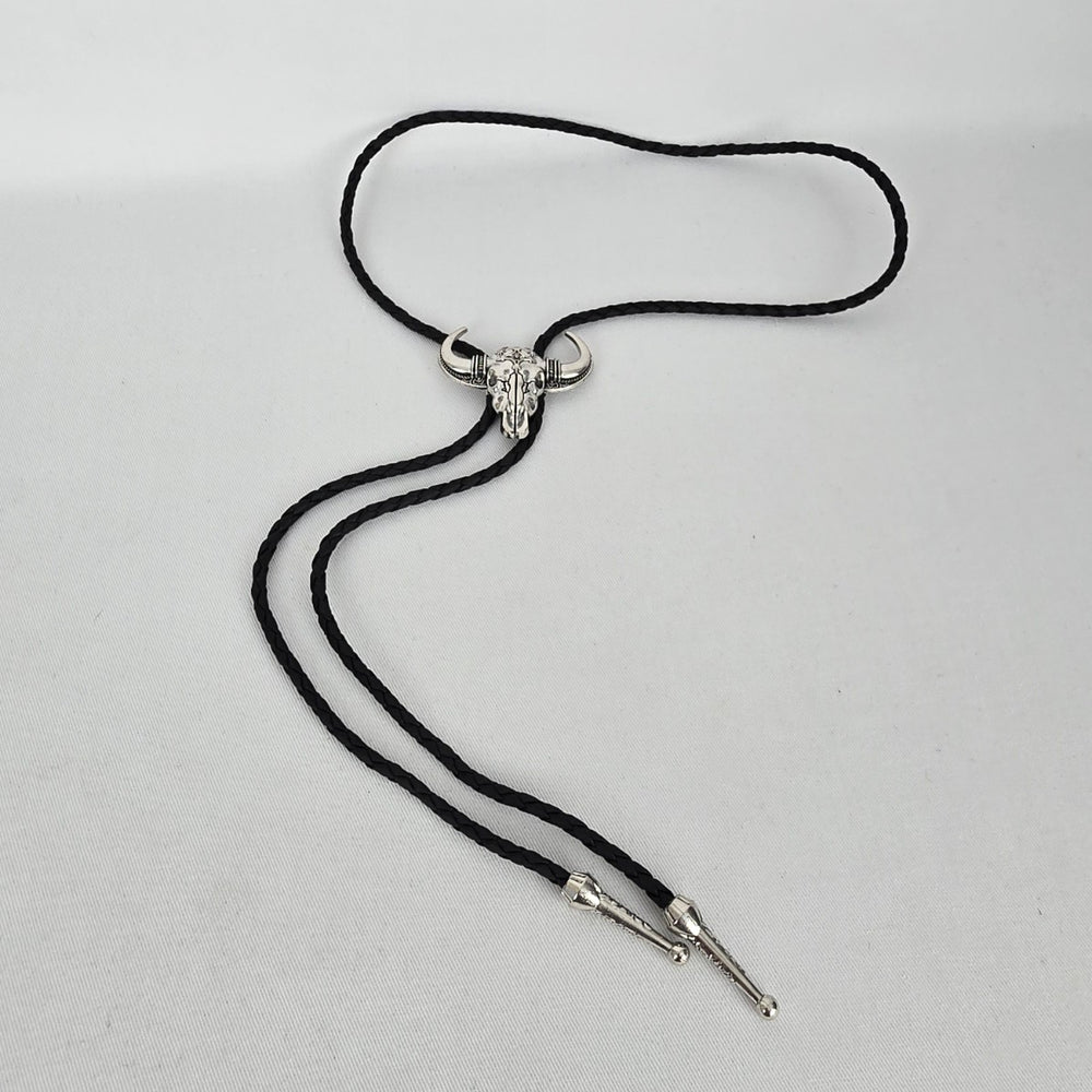 Western Silver Tone Bull Skull Bolo Tie Black Braided Cord