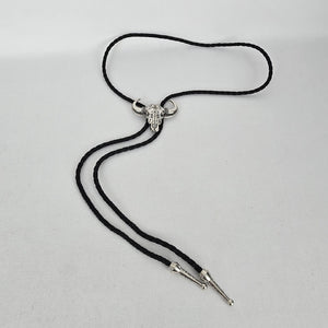 Western Silver Tone Bull Skull Bolo Tie Black Braided Cord