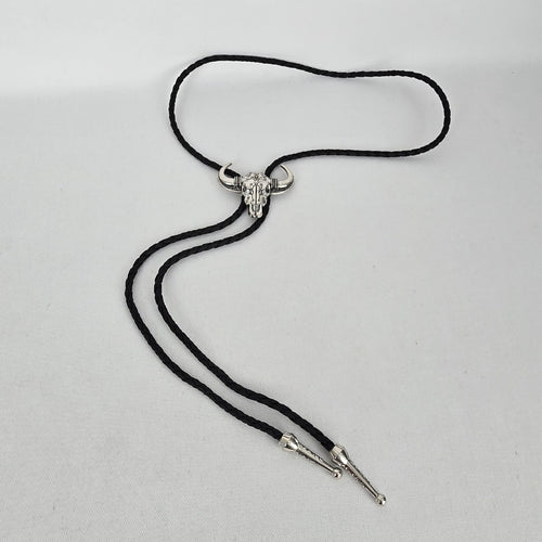 Western Silver Tone Bull Skull Bolo Tie Black Braided Cord
