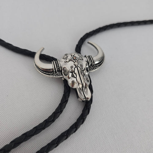 Western Silver Tone Bull Skull Bolo Tie Black Braided Cord