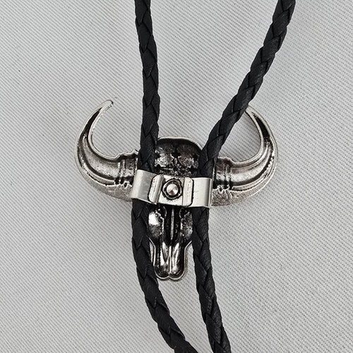 Western Silver Tone Bull Skull Bolo Tie Black Braided Cord