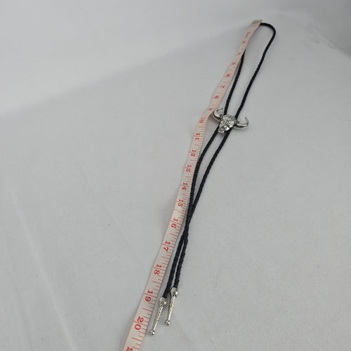 Western Silver Tone Bull Skull Bolo Tie Black Braided Cord