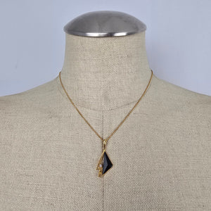 Vintage Gold Tone Black Geometric Pendant Necklace with Clear Rhinestone