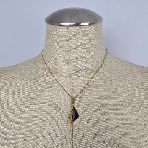 Vintage Gold Tone Black Geometric Pendant Necklace with Clear Rhinestone