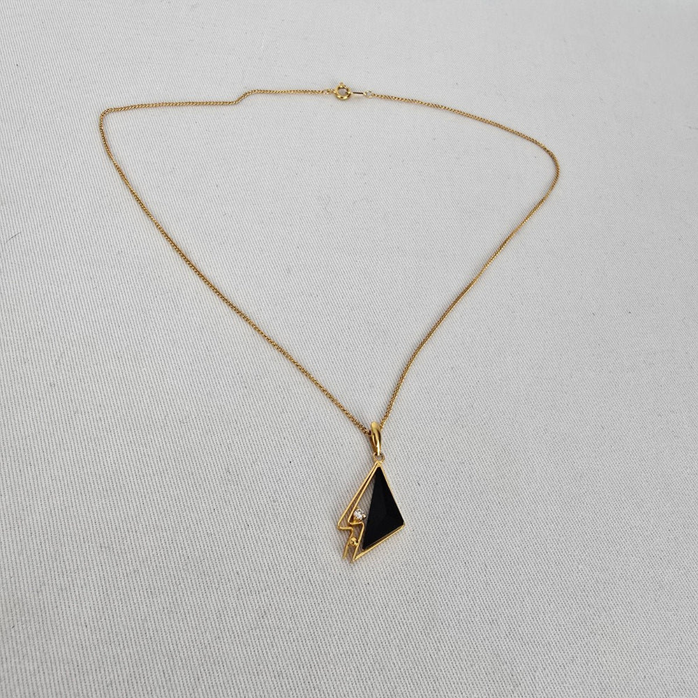 Vintage Gold Tone Black Geometric Pendant Necklace with Clear Rhinestone