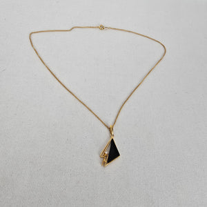 Vintage Gold Tone Black Geometric Pendant Necklace with Clear Rhinestone