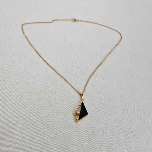 Vintage Gold Tone Black Geometric Pendant Necklace with Clear Rhinestone