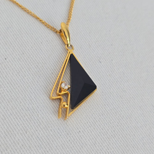 Vintage Gold Tone Black Geometric Pendant Necklace with Clear Rhinestone