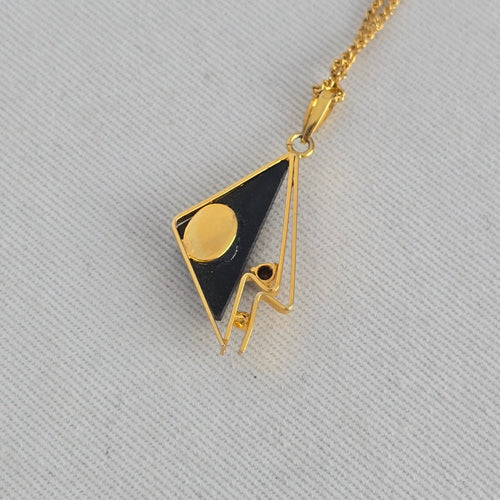 Vintage Gold Tone Black Geometric Pendant Necklace with Clear Rhinestone