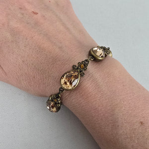 Myka Antiqued Brass Tone Champagne Crystal Teardrop Link Bracelet Floral