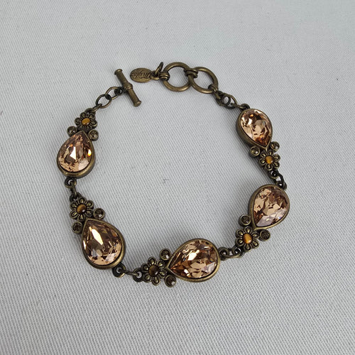 Myka Antiqued Brass Tone Champagne Crystal Teardrop Link Bracelet Floral