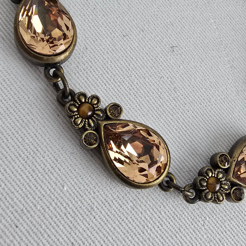 Myka Antiqued Brass Tone Champagne Crystal Teardrop Link Bracelet Floral