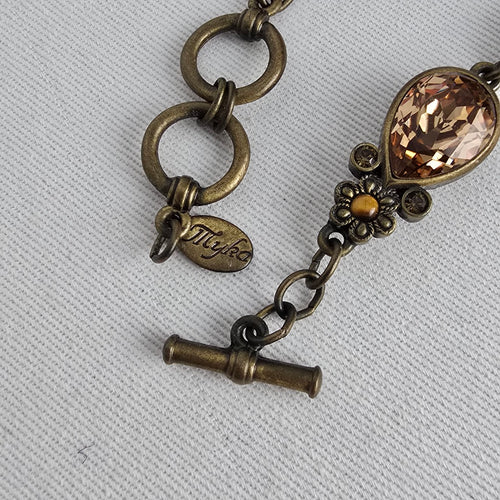 Myka Antiqued Brass Tone Champagne Crystal Teardrop Link Bracelet Floral