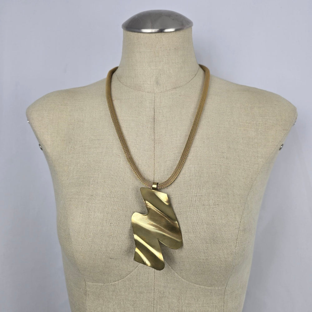 CDM Gold Tone Abstract Geometric Pendant Mesh Chain Necklace Vintage