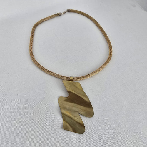 CDM Gold Tone Abstract Geometric Pendant Mesh Chain Necklace Vintage