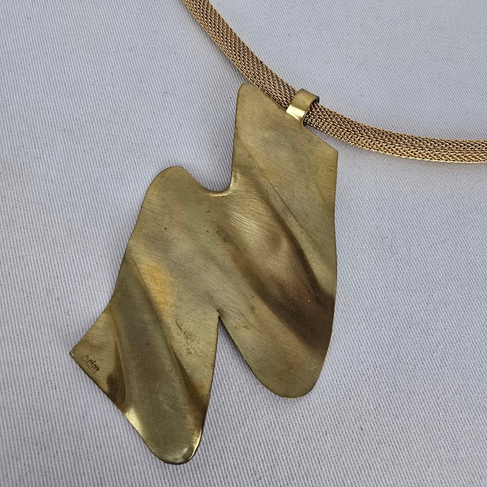 CDM Gold Tone Abstract Geometric Pendant Mesh Chain Necklace Vintage