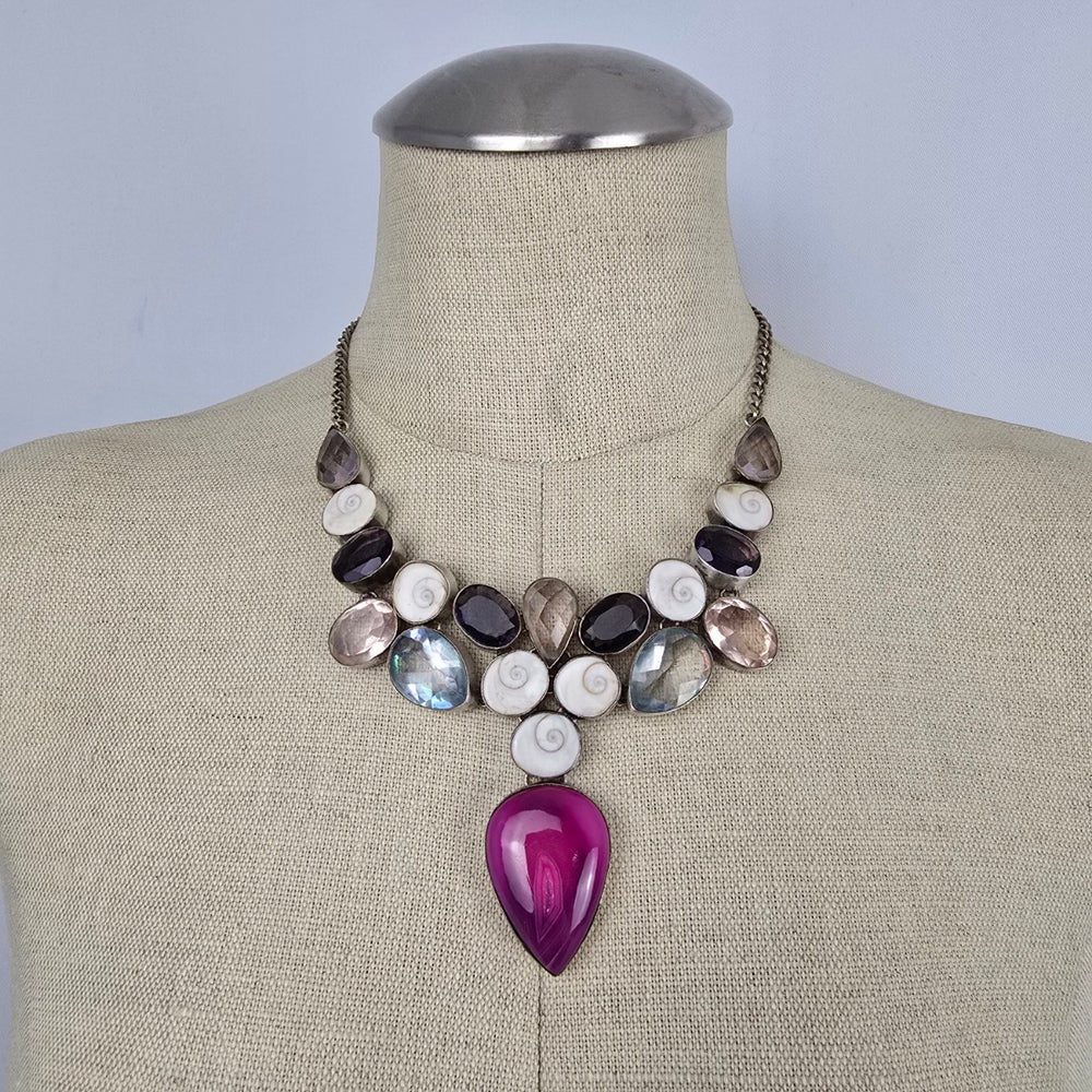 925 Sterling Silver Multistone Statement Necklace Pink Agate Shiva Eye Shell