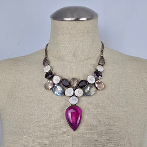 925 Sterling Silver Multistone Statement Necklace Pink Agate Shiva Eye Shell