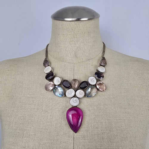 925 Sterling Silver Multistone Statement Necklace Pink Agate Shiva Eye Shell